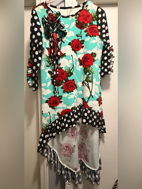 Custom made Tops - Floral Ruffle Hi-Low Blouse in Aqua and Red by